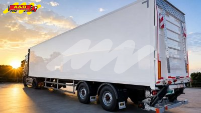 Nieuwe oplegger met stuuras en volle laadbrug - stock